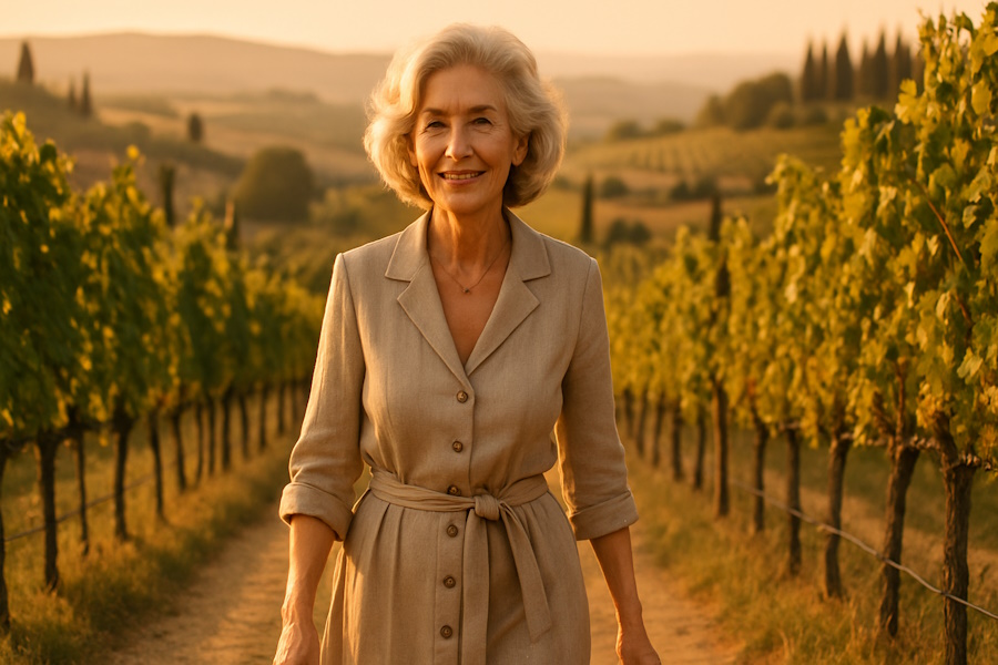 Donna passeggia fra le colline toscane